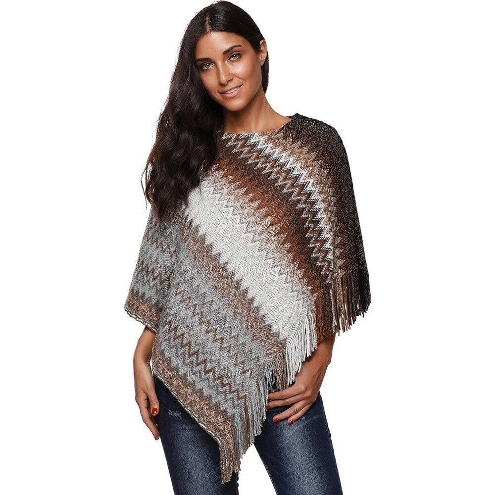 Women's Acrylic Knit Poncho Sweater Cape Fringe Tassel Fall Winter
